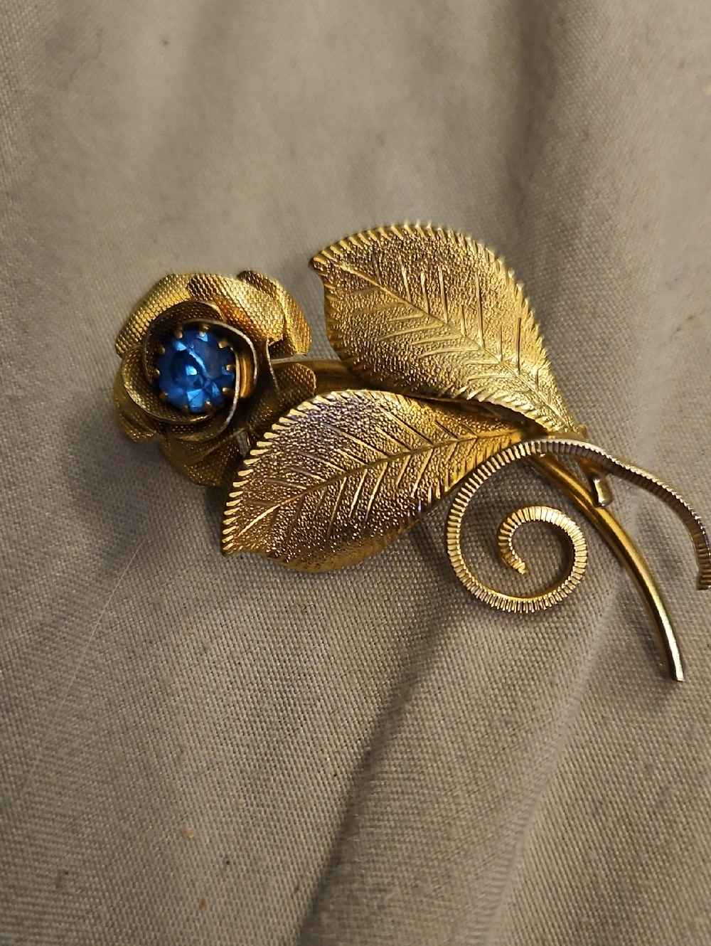 Gold-Tone Rose Brooch with Blue Crystal Accent - Women Jewelry